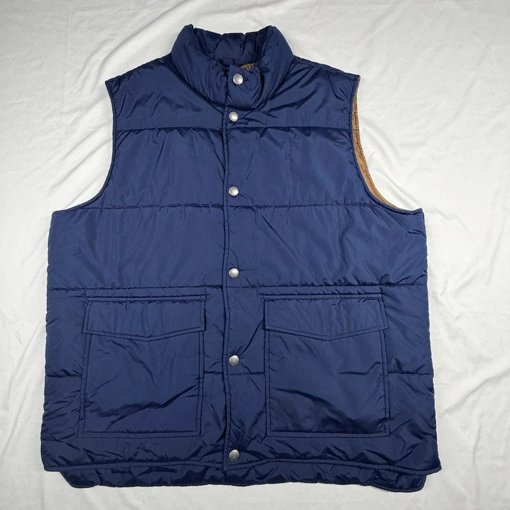 Lands End Mens Puffer Vest XL Navy Snap Closure Snap Pockets Outdoors Hiking